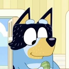 a cartoon dog wearing a blue shirt and black hat sitting in front of a door