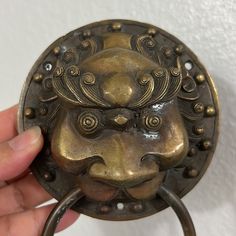 a hand holding an antique brass lion head door knocker