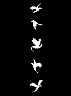 four white dragon silhouettes on a black background, all in the same direction with one flying