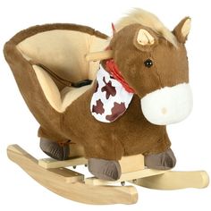 a brown and white stuffed horse on a wooden rocking toy