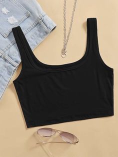 Scoop Neck Crop Top, Black Crop Top Tank, Sleeveless Tops Summer, Sport Top, Sport Tank Tops, Casual Black, Solid Tops