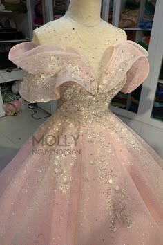 Off-shoulder Quinceanera Dress With Fitted Bodice For Party, Off-shoulder Tulle Dress For Quinceanera, Party Quinceanera Dress With Sequins And Tulle, Embellished Glitter Tulle Princess Dress For Wedding, Wedding Princess Dress Embellished With Glitter Tulle, Sequin Organza Ball Gown For Debutante Ball, Light Pink Sparkly Dress, Baby Pink Quinceanera Dresses, Pink Quinceanera Dress