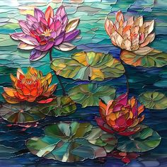 three colorful water lilies floating on top of a body of water