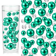 a glass filled with lots of green balls next to a tall vase full of white balls