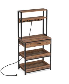 a wooden shelf with two drawers and an electric cord plugged into the top one