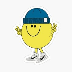 a sticker with a smiley face wearing a blue hat and holding his hands up