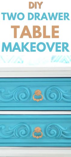 two drawer table makeover with blue paint and gold hardware