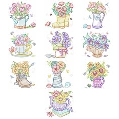 flowers and vases are drawn in different colors