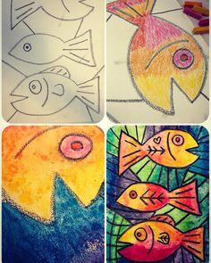 four different colored drawings of fish in various shapes and sizes, each with a child's drawing on it