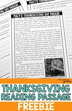 thanksgiving reading passage with freebies for kids and adults to use in the classroom