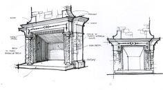 sketches of fireplaces and mantels from the early 20th century, including an architectural drawing