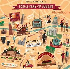 an illustrated map of dublin with people standing around it