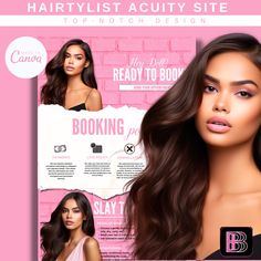 the front and back cover of an advert for hair products, including long wavy brown hair