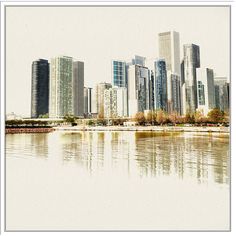 the city skyline is reflected in the water