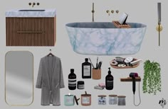 an assortment of bathroom items including bathtub, mirror and soap dispenser