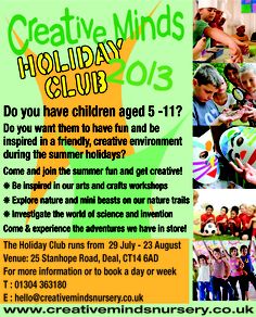 an advertisement for the creative minds holiday club, with photos of children in various activities