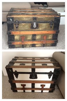 an old trunk is transformed into a coffee table with wood and metal trimmings