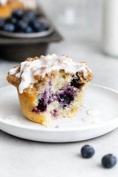 a blueberry muffin on a white plate