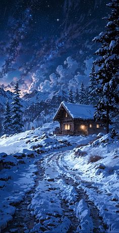 a cabin on a snowy mountain under a night sky with stars and the moon above it