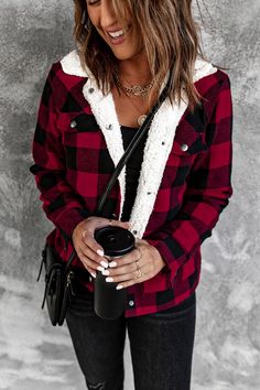 Red Plaid Fleece Jacket – Ten Nineteen Clothing Co Buffalo Plaid Jacket, Plaid Shacket, Flannel Jacket, Collared Coat, Button Jacket, Coat Outfits, Red And Black Plaid, Plaid Jacket, Sherpa Lined