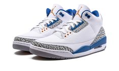 The Air Jordan 3 “Wizards” is the modern, retail version of the former Player Exclusive colorway of the Jordan 3 that was worn by Michael Jordan with the Washington Wizards.  Originally an unreleased Player Exclusive sneaker worn by Jordan during his tenure with the Wizards in the early 2000s, the Jordan 3 “Wizards” was officially released by Jordan Brand in 2023 with much fanfare.  The colorway’s white, blue, and elephant print accents nod to the Air Jordan 3 “True Blue’s” color scheme, and its gold accents salute to the Wizards’ former team uniform colors.  The shoe features a white leather construction with classic elephant print on the toe and heel.  True Blue detailing comes into play on the eyelet panel and on the mudguard.  “Nike Air” branding is found on the back of the shoe, and a Jordan 3 Wizards, Jordan 3 True Blue, 70s Converse, Nike X Travis Scott, Kitty Pictures, Converse Run Star Hike, Low Air Jordan 1, Converse Run Star, Jordan 10