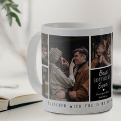 a coffee mug with two photos on it and the words, best boyfriend ever together with you is my first love