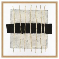 an abstract painting with black and white lines on the bottom, in a gold frame