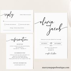 the wedding stationery is set up on top of each other, and features calligraphy