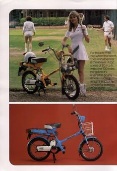 two pictures of people standing next to a small bike and a woman in a white dress