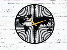 a wall clock with an airplane on the front and back sides in black against a white brick wall