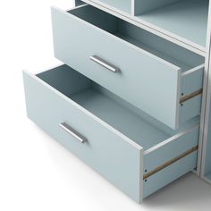 two drawers are open on each side of the dresser, and one drawer is closed