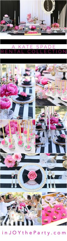 pink and black dessert table with cupcakes on it