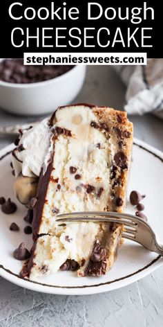 a slice of cookie dough cheesecake on a plate with a fork