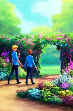 two people holding hands walking through a garden