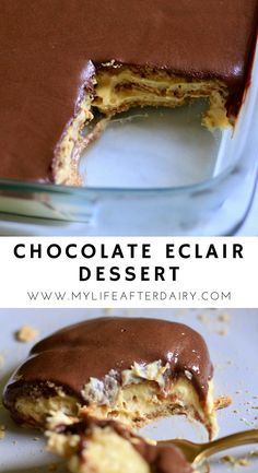 chocolate eclair dessert is cut in half and ready to be eaten