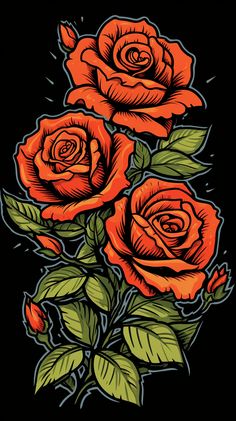 three orange roses with green leaves on a black background, in the style of an old school tattoo