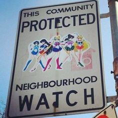 a street sign that says, this community protected neighborhood watch on the side of a traffic light