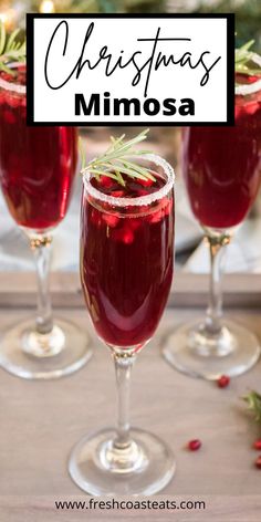 Christmas Mimosa in a champagne flute with a sugar rimmed glass and sprig of rosemary on top. Christmas Mimosa Recipe, Christmas Morning Mimosa, Christmas Mimosas, Pomegranate Mimosa, Christmas Punch Recipes, Mimosa Recipe, Brunch Drinks