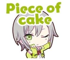 an anime character with the words piece of cake in front of her face and green eyes