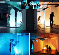 three different shots of people in an empty room with lights on the walls and behind them