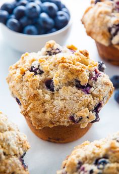 blueberry muffins with fresh blueberries in the background