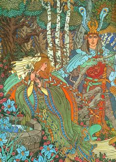 an image of a woman sitting in the woods surrounded by trees and flowers with birds on her head