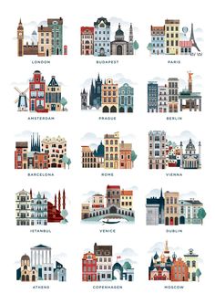 the different types of buildings and their names in english, spanish, and german language