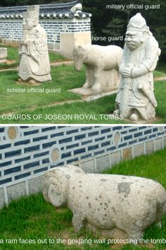 two stone statues in different stages of being placed next to each other on the grass