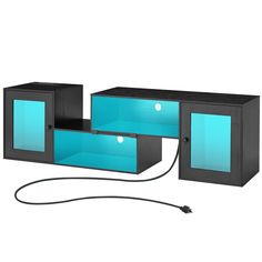 a blue and black entertainment center with two drawers on one side and an electric cord attached to the other