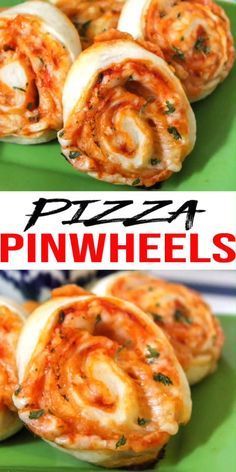 pizza pinwheels on a green plate with the title