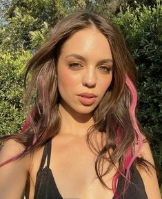 battle royal | aesthetic Pink Strand In Brown Hair, Pink Underneath Hair, Asian Red Hair, Pink Hair Streaks, Color Block Hair, Claudia Sulewski, Pink Blonde Hair, Brown Hair Shades, Red Hair Inspo