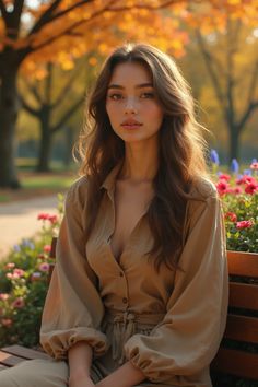 a woman is sitting on a bench in front of some flowers and trees with long hair