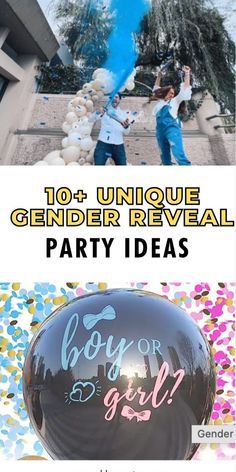 balloons and confetti with the words gender reveal party ideas