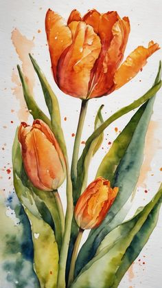 watercolor painting of two orange tulips with green leaves